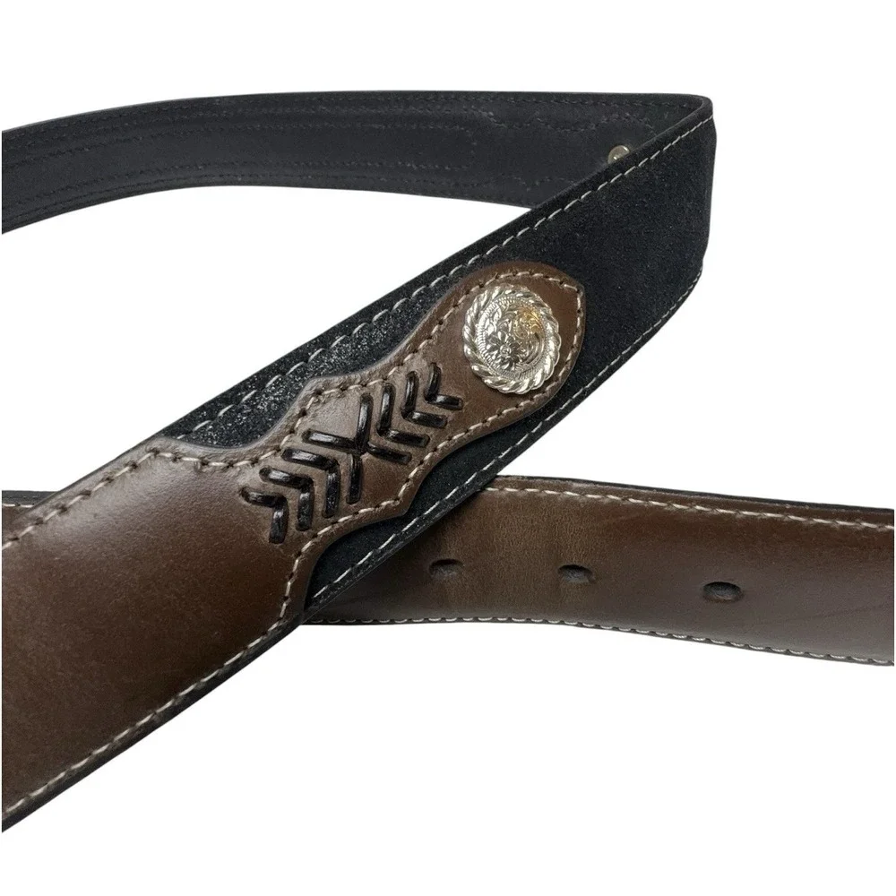 Vintage Western Leather Belt Tooled Brown Silver Buckle Cowboy Rodeo 38